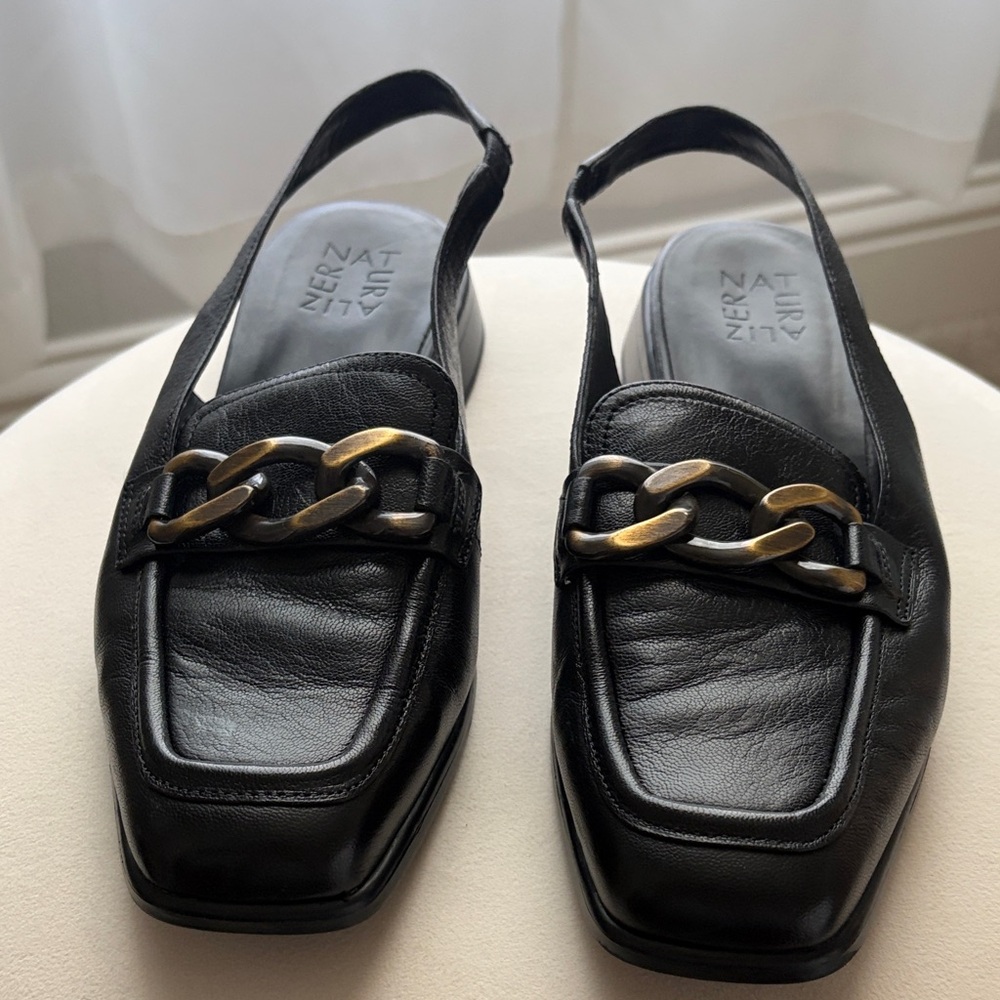 Naturalizer Black Leather Slingback Loafers with Gold Chain Accent